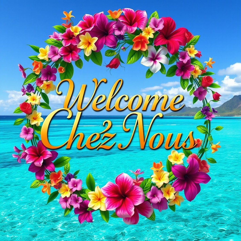 A stunning logo design featuring the words 'Welcome Chez Nous' elegantly written in gold, surrounded by vibrant flowers of every color, creating a lush and inviting feel