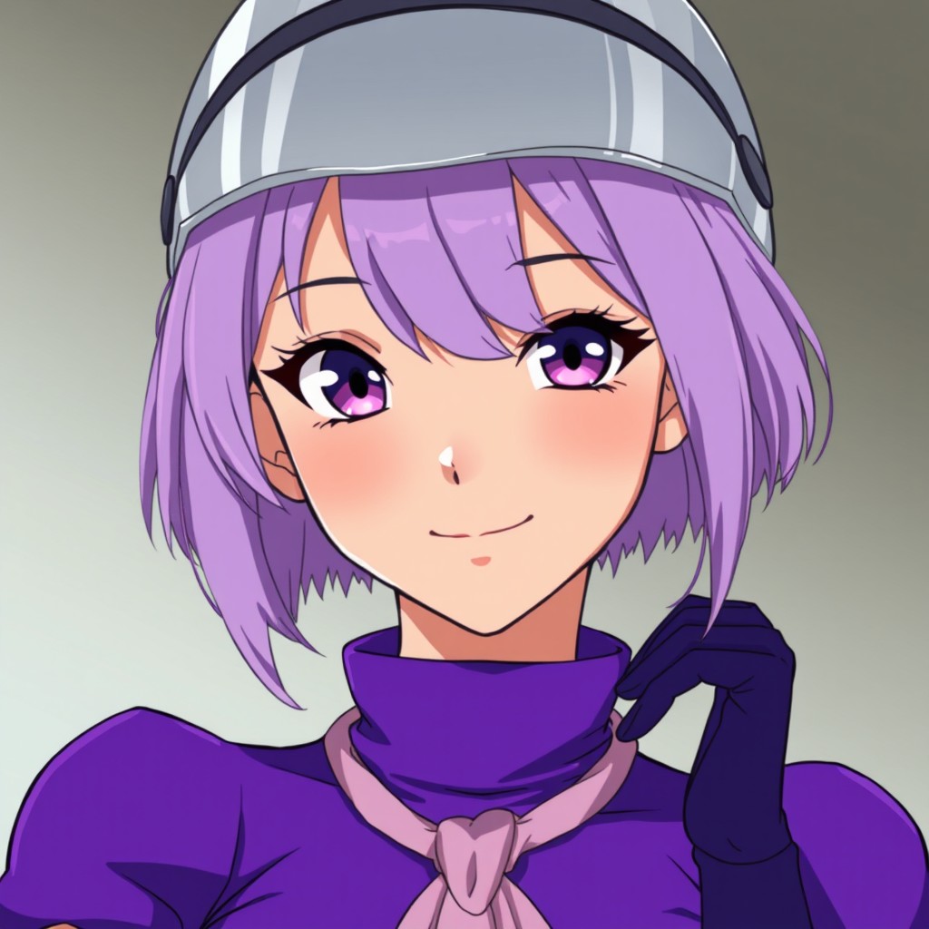 An anime young woman with very slightly tanned skin and light purple shoulder-length hair, which features bangs that sweep across her face, gently covering her left eye