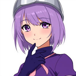 An anime young woman with very slightly tanned skin and light purple shoulder-length hair, which features bangs that sweep across her face, gently covering her left eye
