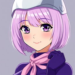 An anime young woman with very slightly tanned skin and light purple shoulder-length hair, which features bangs that sweep across her face, gently covering her left eye