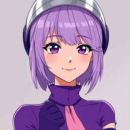 An anime young woman with very slightly tanned skin and light purple shoulder-length hair, which features bangs that sweep across her face, gently covering her left eye