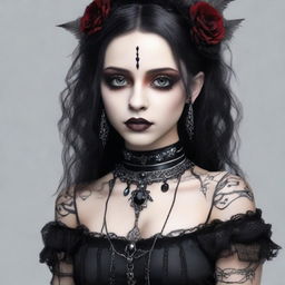 Produce an image of a gothic girl with indigenous features, tan skin, clear brown eyes, and slightly overweight, on a date, reflecting a fusion of modern goth and traditional styles.