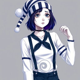 An anime mime woman with completely white skin, embodying a unique artistic expression