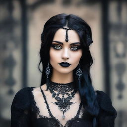 Create an image of a gothic girl with clear brown eyes, tan skin, slightly overweight, displaying indigenous traits, on a date, representing an intriguing blend of gothic and indigenous aesthetics.