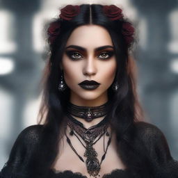 Create an image of a gothic girl with clear brown eyes, tan skin, slightly overweight, displaying indigenous traits, on a date, representing an intriguing blend of gothic and indigenous aesthetics.