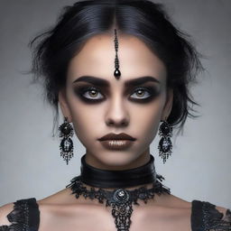 Create an image of a gothic girl with clear brown eyes, tan skin, slightly overweight, displaying indigenous traits, on a date, representing an intriguing blend of gothic and indigenous aesthetics.