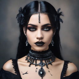 Create an image of a gothic girl with clear brown eyes, tan skin, slightly overweight, displaying indigenous traits, on a date, representing an intriguing blend of gothic and indigenous aesthetics.