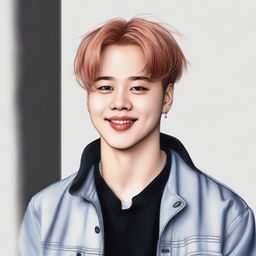 A high-definition, realistic and professionally drawn portrait of Jimin from BTS with a serene and beautiful smile. He is stylishly dressed in fashionable, modern urban wear.