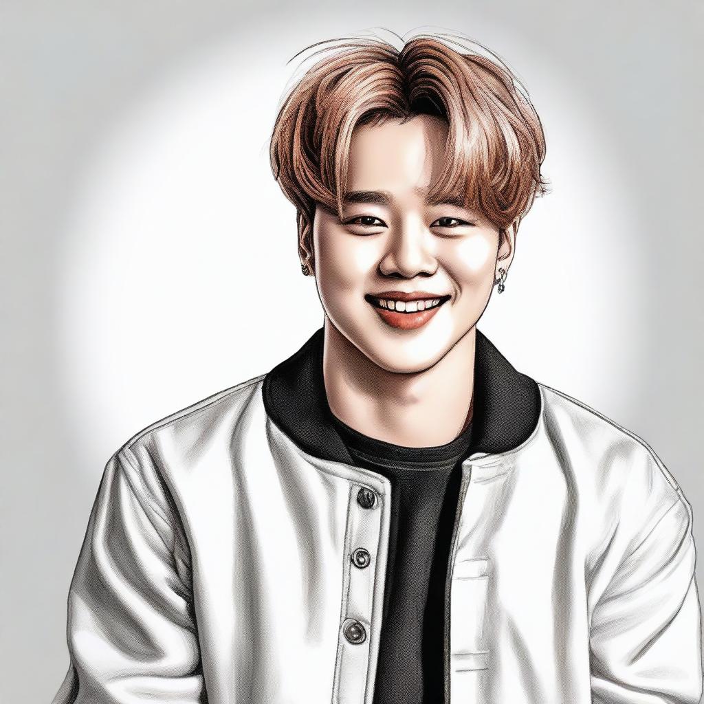 A high-definition, realistic and professionally drawn portrait of Jimin from BTS with a serene and beautiful smile. He is stylishly dressed in fashionable, modern urban wear.