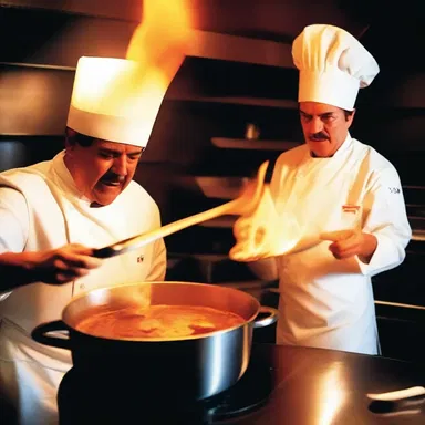 As the chef took out the torch to brulee the creme, the horror movie's intense music started playing, adding to the suspense.