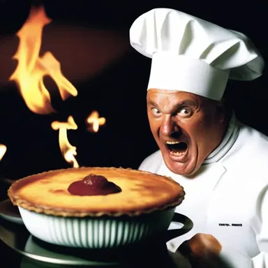 As the chef took out the torch to brulee the creme, the horror movie's intense music started playing, adding to the suspense.