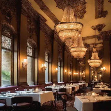 The elegant restaurant featured stunning architecture and interior design elements, including ornate chandeliers that complemented the decadent creme brulee on their menu.