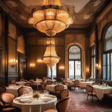 The elegant restaurant featured stunning architecture and interior design elements, including ornate chandeliers that complemented the decadent creme brulee on their menu.