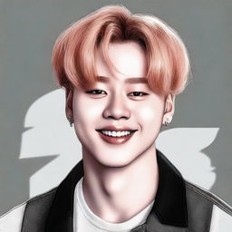 A high-definition, realistic and professionally drawn portrait of Jimin from BTS with a serene and beautiful smile. He is stylishly dressed in fashionable, modern urban wear.