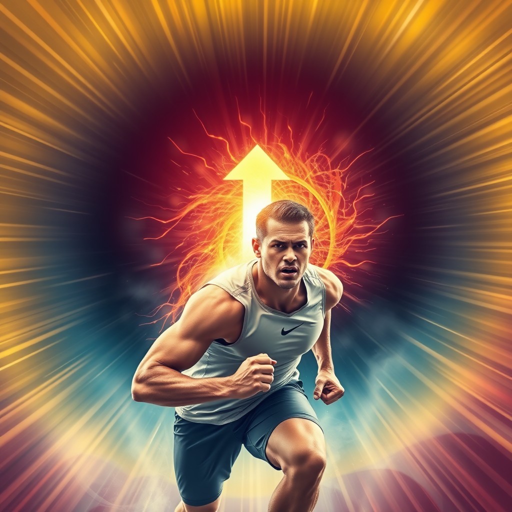 A powerful athlete depicted in motion, surrounded by a glowing upward spiral of energy that represents positive psychological momentum