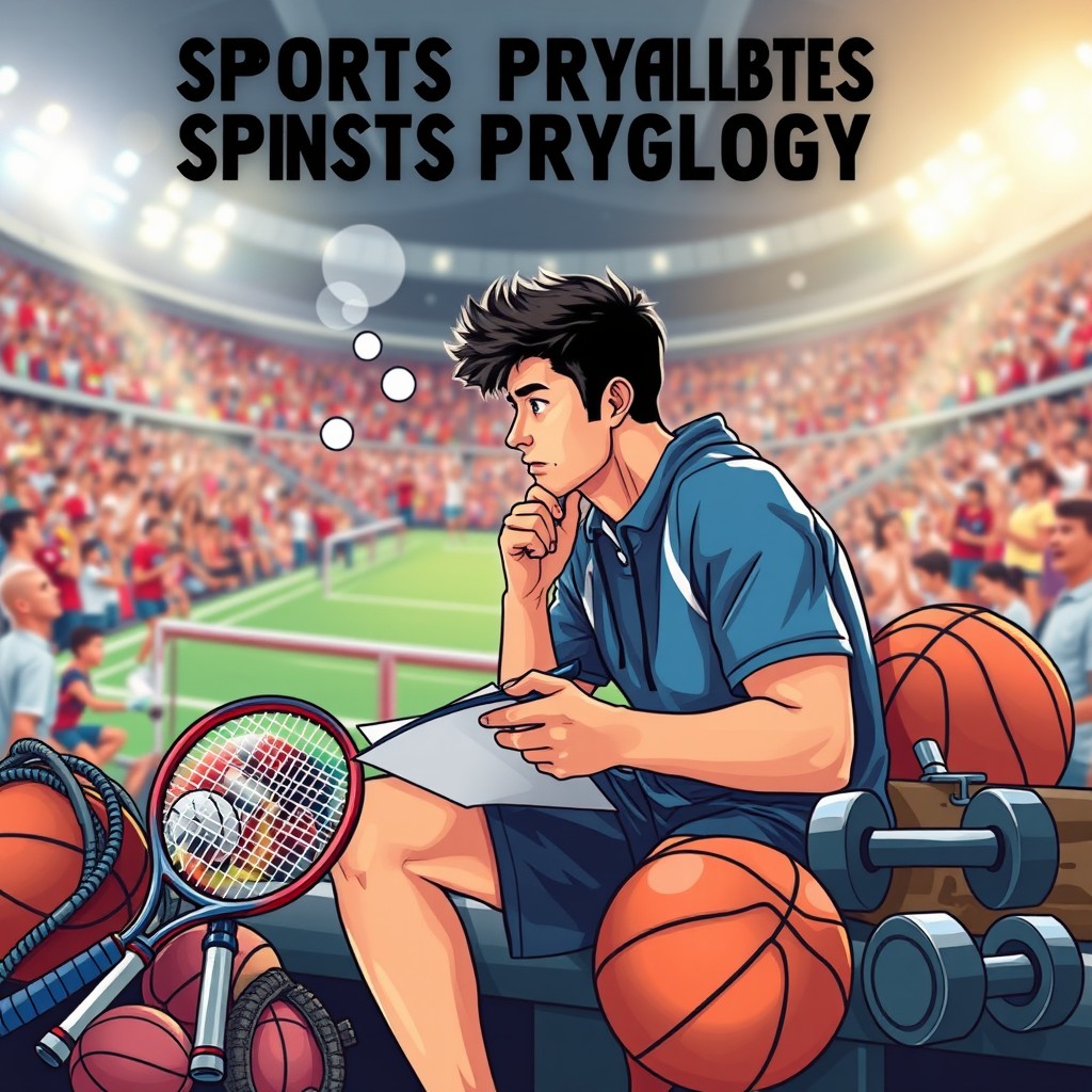 A vibrant and dynamic sports psychology scene depicting an athlete deep in thought, surrounded by various sports equipment like tennis rackets, basketballs, and gym weights