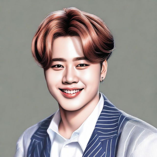 A high-definition, realistic and professionally drawn portrait of Jimin from BTS with a serene and beautiful smile. He is stylishly dressed in fashionable, modern urban wear.