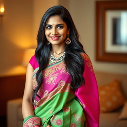 A beautiful, confident South Asian woman in her 30s, wearing a vibrant saree that accentuates her curves, with intricate embroidery detailed on the fabric