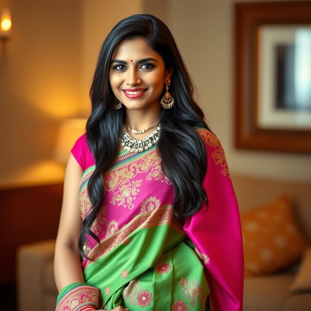 A beautiful, confident South Asian woman in her 30s, wearing a vibrant saree that accentuates her curves, with intricate embroidery detailed on the fabric