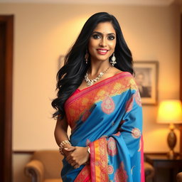 A beautiful, confident South Asian woman in her 30s, wearing a vibrant saree that accentuates her curves, with intricate embroidery detailed on the fabric