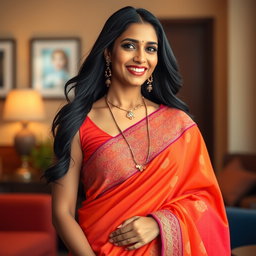 A beautiful, confident South Asian woman in her 30s, wearing a vibrant saree that accentuates her curves, with intricate embroidery detailed on the fabric