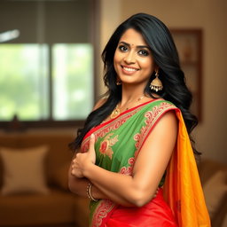 A beautiful, confident South Asian woman in her 30s, wearing a vibrant saree that accentuates her curves, with intricate embroidery detailed on the fabric