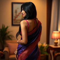 A stunning South Asian woman in her 30s, captured from behind, showcasing her graceful silhouette in a vibrant saree that accentuates her curves