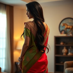 A stunning South Asian woman in her 30s, captured from behind, showcasing her graceful silhouette in a vibrant saree that accentuates her curves