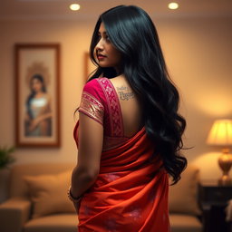 A stunning South Asian woman in her 30s, captured from behind, showcasing her graceful silhouette in a vibrant saree that accentuates her curves