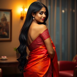 A stunning South Asian woman in her 30s, captured from behind, showcasing her graceful silhouette in a vibrant saree that accentuates her curves