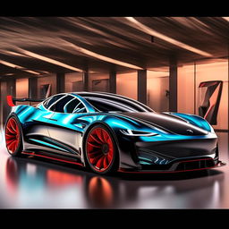 A breathtaking 8K resolution, 1080HP picture quality representation of a Tesla supercar, reimagined by Mansory. The design captures the fusion of elite luxury, sustainable innovation, and high-speed performance.