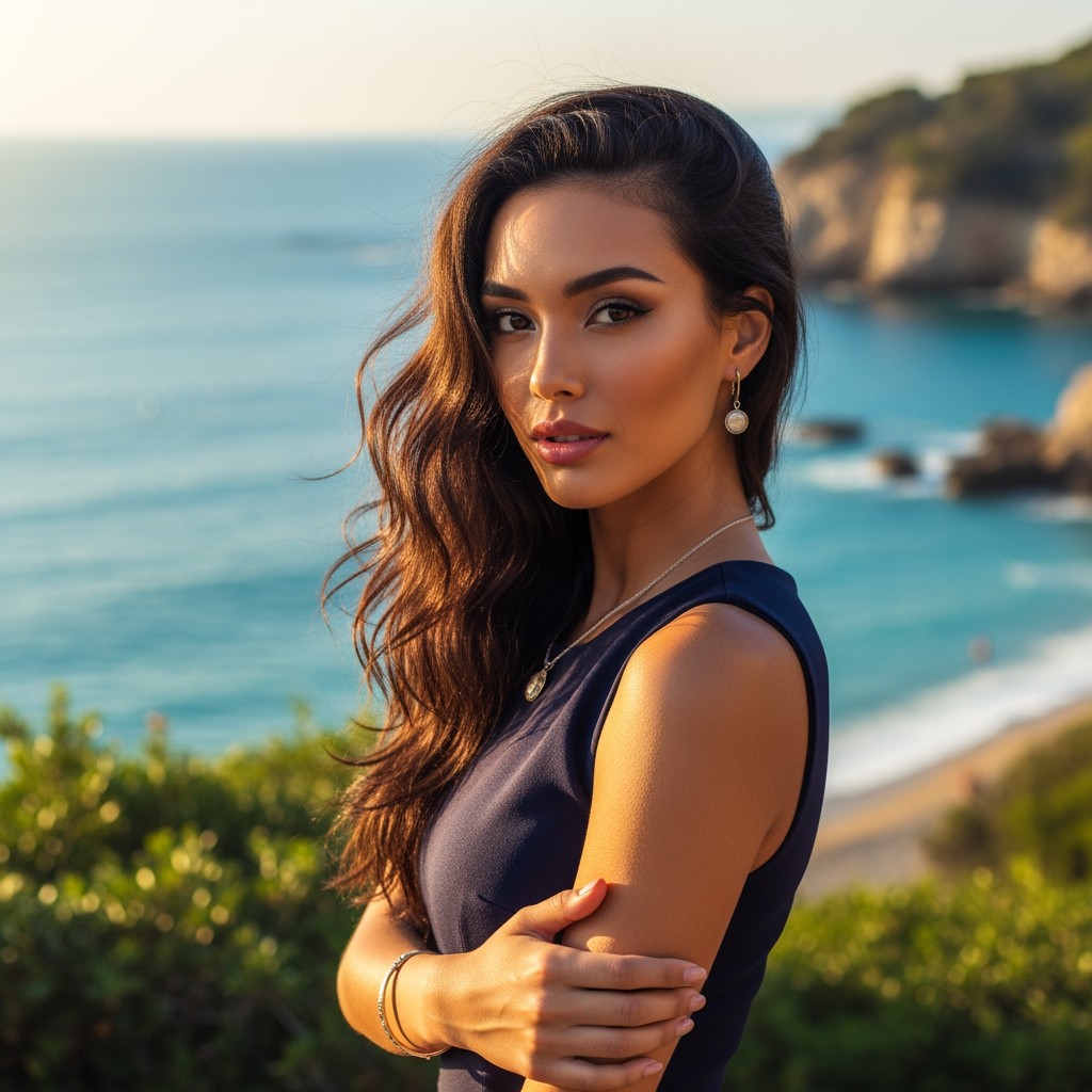 A stunning girl with Mediterranean beauty and Eurasian features, showcasing her captivating charm and exotic appeal