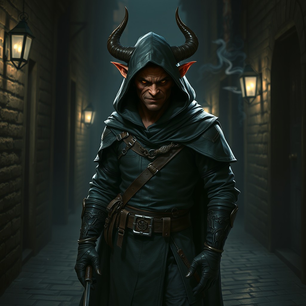 A tiefling rogue standing in a shadowy alley, wearing a dark, tactical outfit with leather armor and a hooded cloak