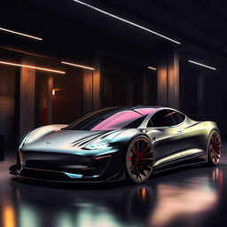 A breathtaking 8K resolution, 1080HP picture quality representation of a Tesla supercar, reimagined by Mansory. The design captures the fusion of elite luxury, sustainable innovation, and high-speed performance.