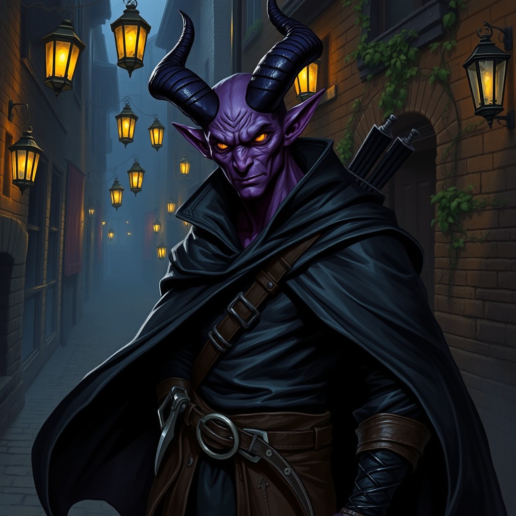 A tiefling rogue with deep purple skin and elegantly curved horns, wearing a dark leather cloak that flows dramatically as they move