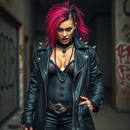 A striking image of a big, sexy punk female dressed in a long leather jacket, with an intense and angry expression