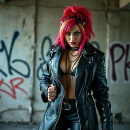 A striking image of a big, sexy punk female dressed in a long leather jacket, with an intense and angry expression