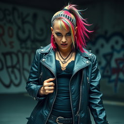 A striking image of a big, sexy punk female dressed in a long leather jacket, with an intense and angry expression