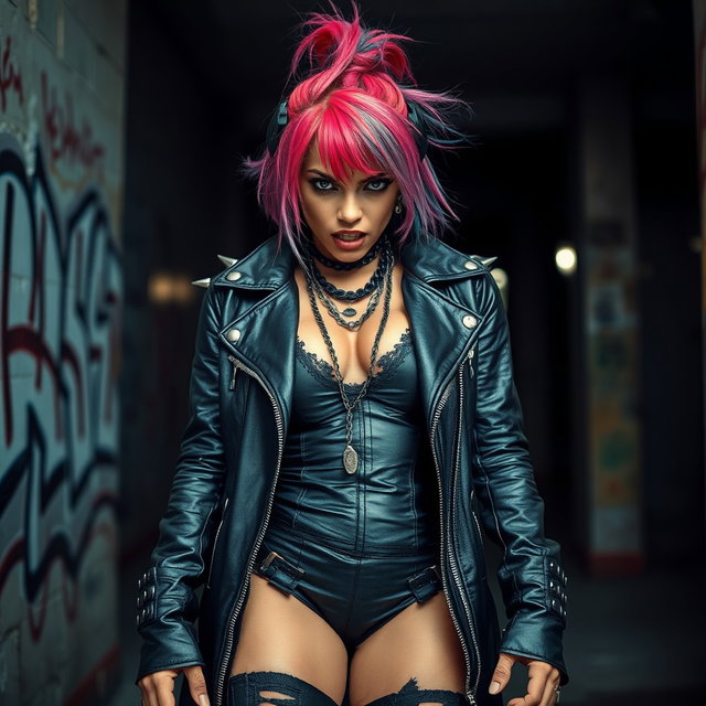 A striking image of a big, sexy punk female dressed in a long leather jacket, with an intense and angry expression