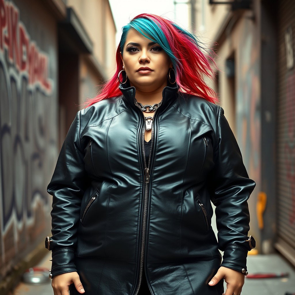 A bold and striking image of a large female with XL breasts, embodying a punk style, dressed in a long leather jacket zipped up to her neck