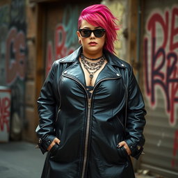 A bold and striking image of a large female with XL breasts, embodying a punk style, dressed in a long leather jacket zipped up to her neck