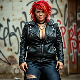 A bold and striking image of a large female with XL breasts, embodying a punk style, dressed in a long leather jacket zipped up to her neck