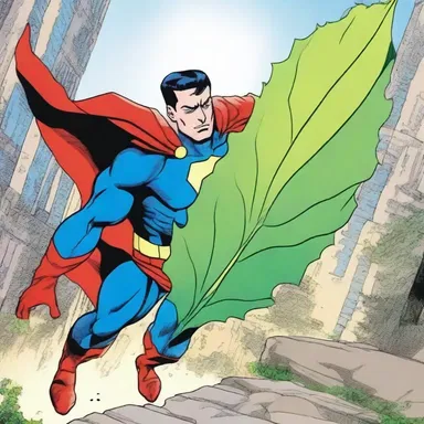The superhero comic depicted the protagonist using their powers to manipulate a giant leaf blade as a weapon.