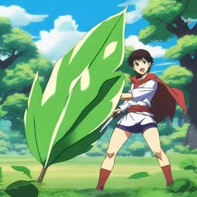 In the anime series, the protagonist's magical abilities allowed them to conjure a giant leaf blade for defense and attack.