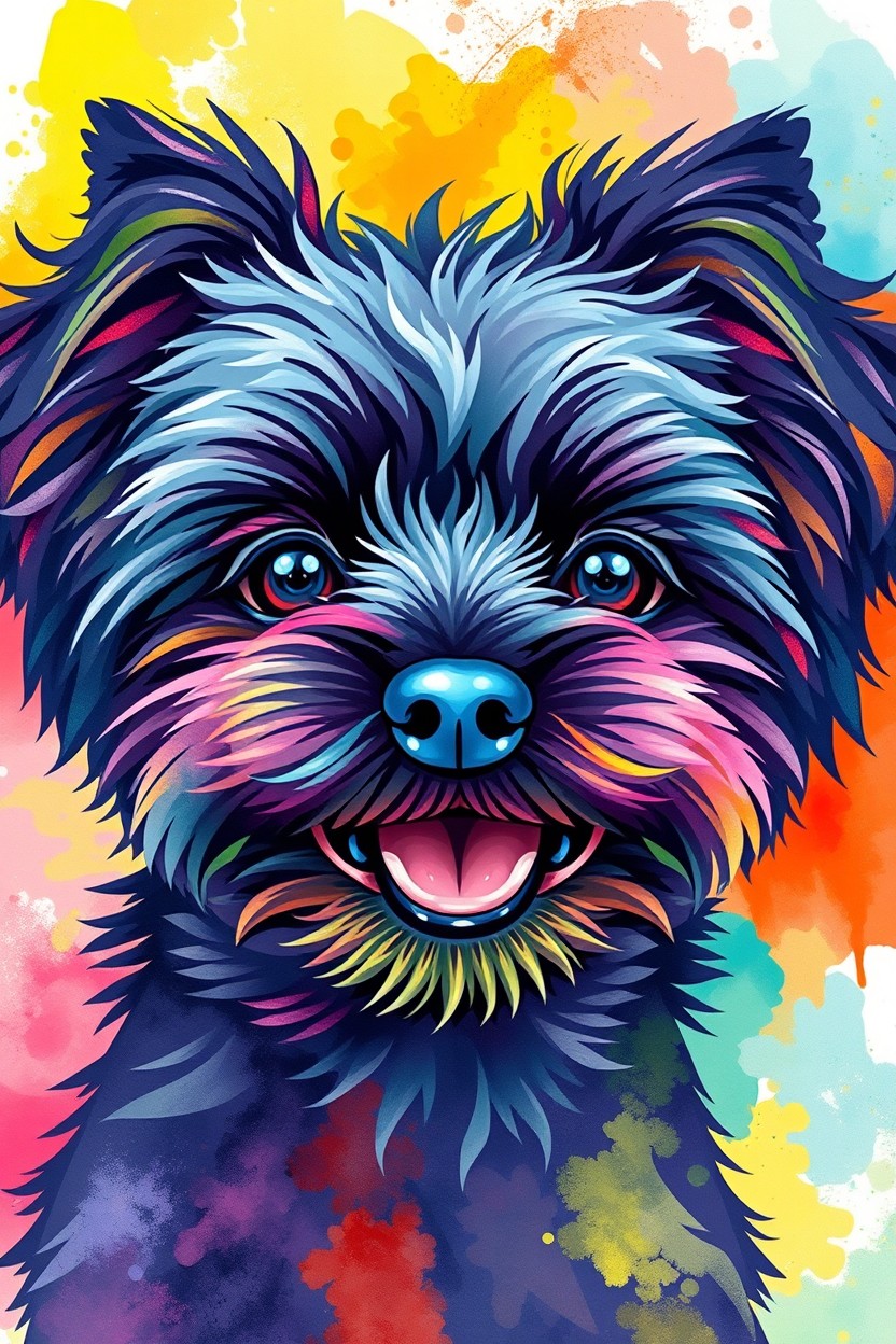 An abstract painting of a happy and cute dark bichon Havanese dog with a vibrant and colorful background