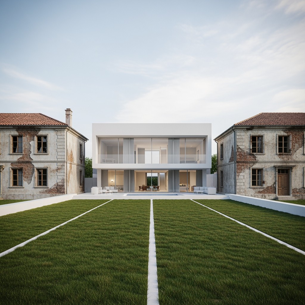 Ultra-realistic architectural scene featuring three houses aligned