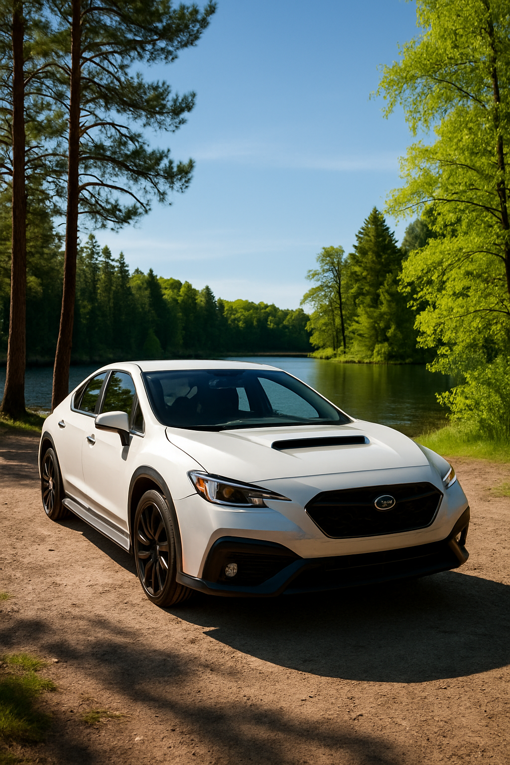 this car at a lakefront in the woods on a sunny day