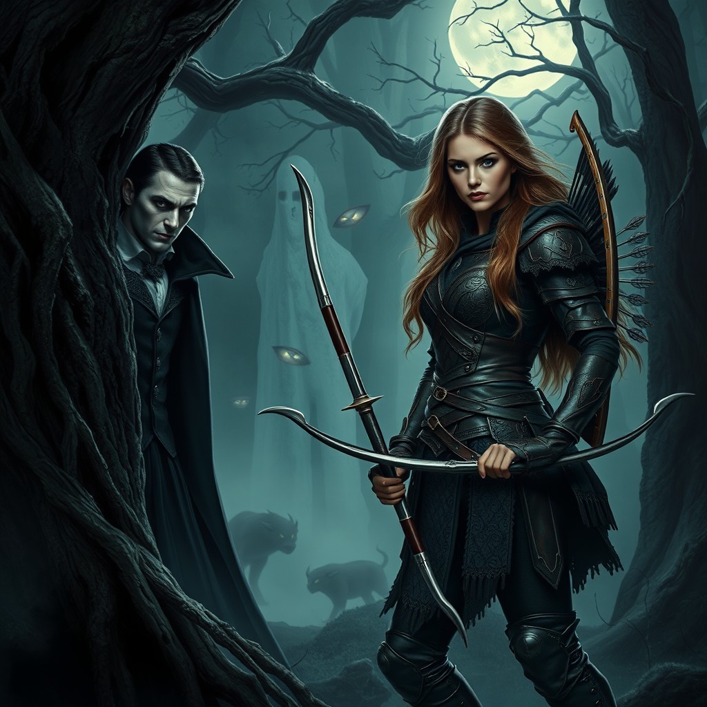 A dramatic scene depicting a medieval vampire and a fierce huntress in a dark, enchanted forest