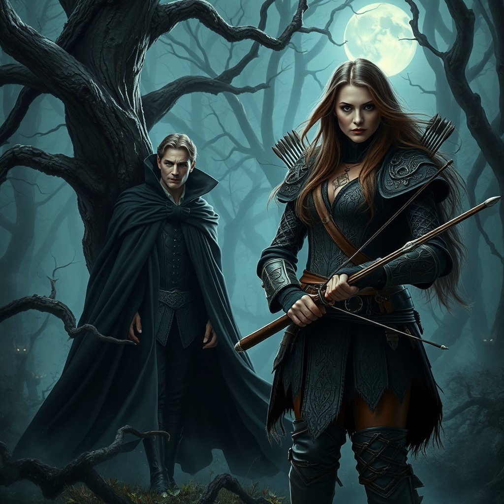 Medieval Vampire vs. Fierce Huntress: A Dark Forest Encounter
