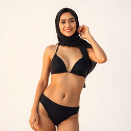 A full-body portrait of a Persian woman wearing a chic black bikini complemented by a stylish hijab